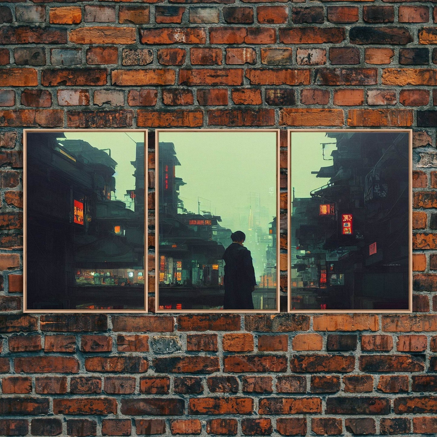 80s Style Cyberpunk Tokyo, Retrofuturism, Dystopian art, 3 piece wall art, 3 piece canvas print - 8x12 In. - 3 Pieces / Light Oak Frame
