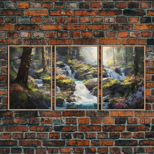 The Secret Waterfall, 3 Piece Set, Framed Canvas Print, Fantasy Wall Art, Watercolor Painting, Whimsical Minimalist Decor, Farmhouse Art