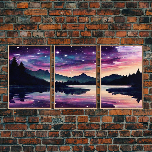 Fantasy Starry Night Magical Forest Landscape, 3 Piece Wall Art, Ready To Hang Canvas Print, Cool Unique Living Room Wall Art Decor - 8x12 In. - 3 Pieces / Light Oak Frame