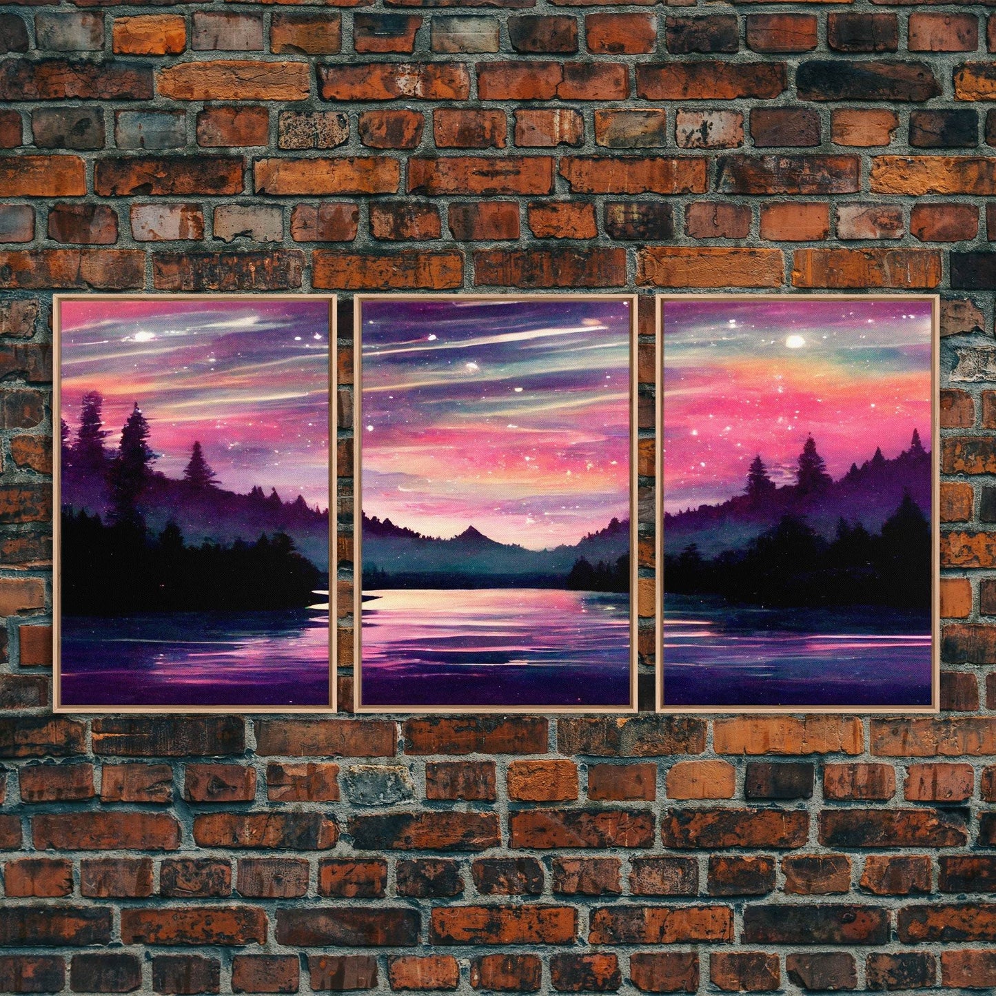 Starry Night Magical Forest Fantasy Landscape, 3 Piece Wall Art, Ready To Hang Canvas Print, Cool Living Room Wall Art Decor - 8x12 In. - 3 Pieces / Light Oak Frame