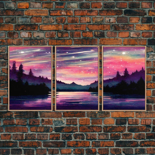Starry Night Magical Forest Fantasy Landscape, 3 Piece Wall Art, Ready To Hang Canvas Print, Cool Living Room Wall Art Decor - 8x12 In. - 3 Pieces / Light Oak Frame