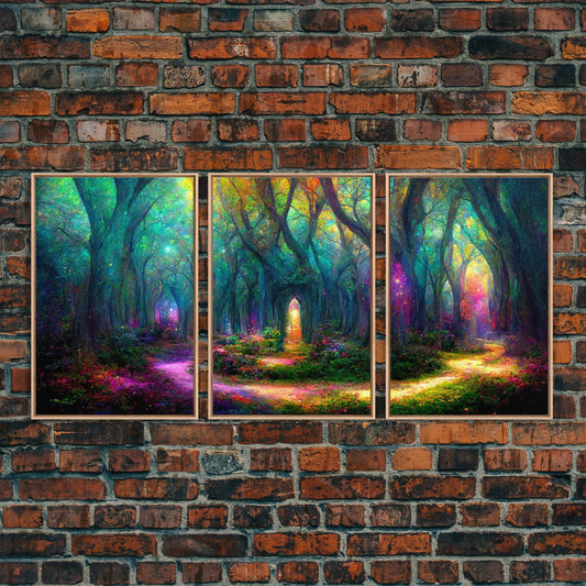 Fantasy wall art, canvas print, magical forest, fantasy landscape art, 3 Piece Wall Art, Ready To Hang Canvas Print - 8x12 In. - 3 Pieces / Light Oak Frame