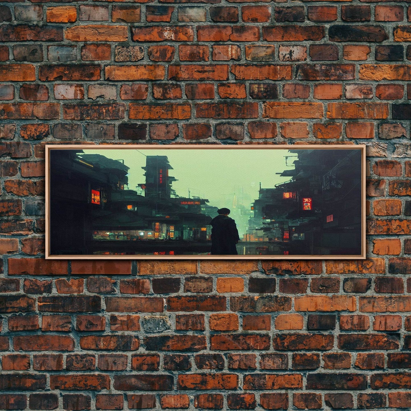 80s style Cyberpunk Japanese City, Retro Punk Tokyo, Framed Canvas Print, Framed Wall Art, Large Panoramic Wall Decor - 10x30 Inches / Light Oak Frame