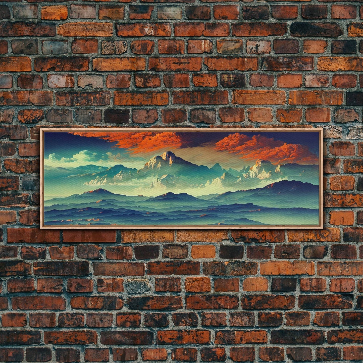 Beautiful Fantasy Mountain Landscape With Orange Clouds, Framed Canvas Print, Ready To Hang Panoramic Wall Decorr - 10x30 Inches / Light Oak Frame