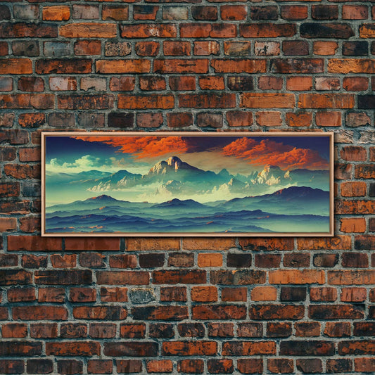 Beautiful Fantasy Mountain Landscape With Orange Clouds, Framed Canvas Print, Ready To Hang Panoramic Wall Decorr - 10x30 Inches / Light Oak Frame