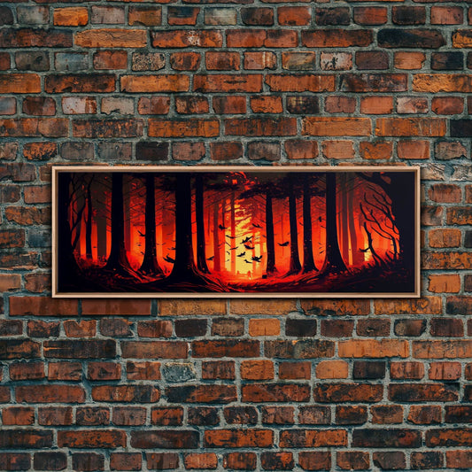 Forest Landscape Art, Forest Fire, Fall / Autumn Decor, Panoramic Wall Art, Framed Canvas Print, Orange and Yellow Fantasy Forest - 10x30 Inches / Light Oak Frame