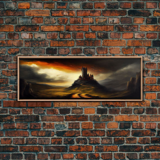 Panoramic Dark Fantasy Wall Art, Framed Canvas, Wood Frame Art, The Dark Castle Oil Painting Fantasy Decor, DND Art - 10x30 Inches / Light Oak Frame