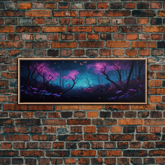 Beautiful Fantasy Forest, Framed Canvas Print, Fantasy Art, Butterflies and Fireflies Light up a Fairy Forest At Night, Framed Wall Art - 10x30 Inches / Light Oak Frame