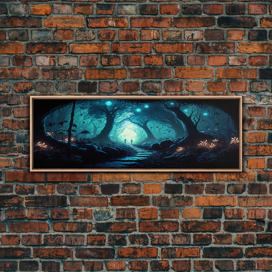 The mycelium Networrk, Fantasy Art, Framed Canvas Print, Bioluminescent Fantasy Forest At Night, Blue Glowing Ambience Art