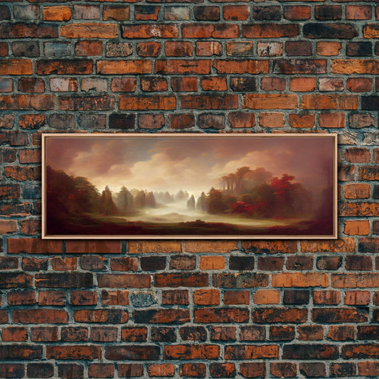 Hazy Forest Fantasy Art, Ready To Hang Canvas Print, Panoramic Art, Fog Covered Forest High Fantasy RPG Concept Art - 10x30 Inches / Light Oak Frame