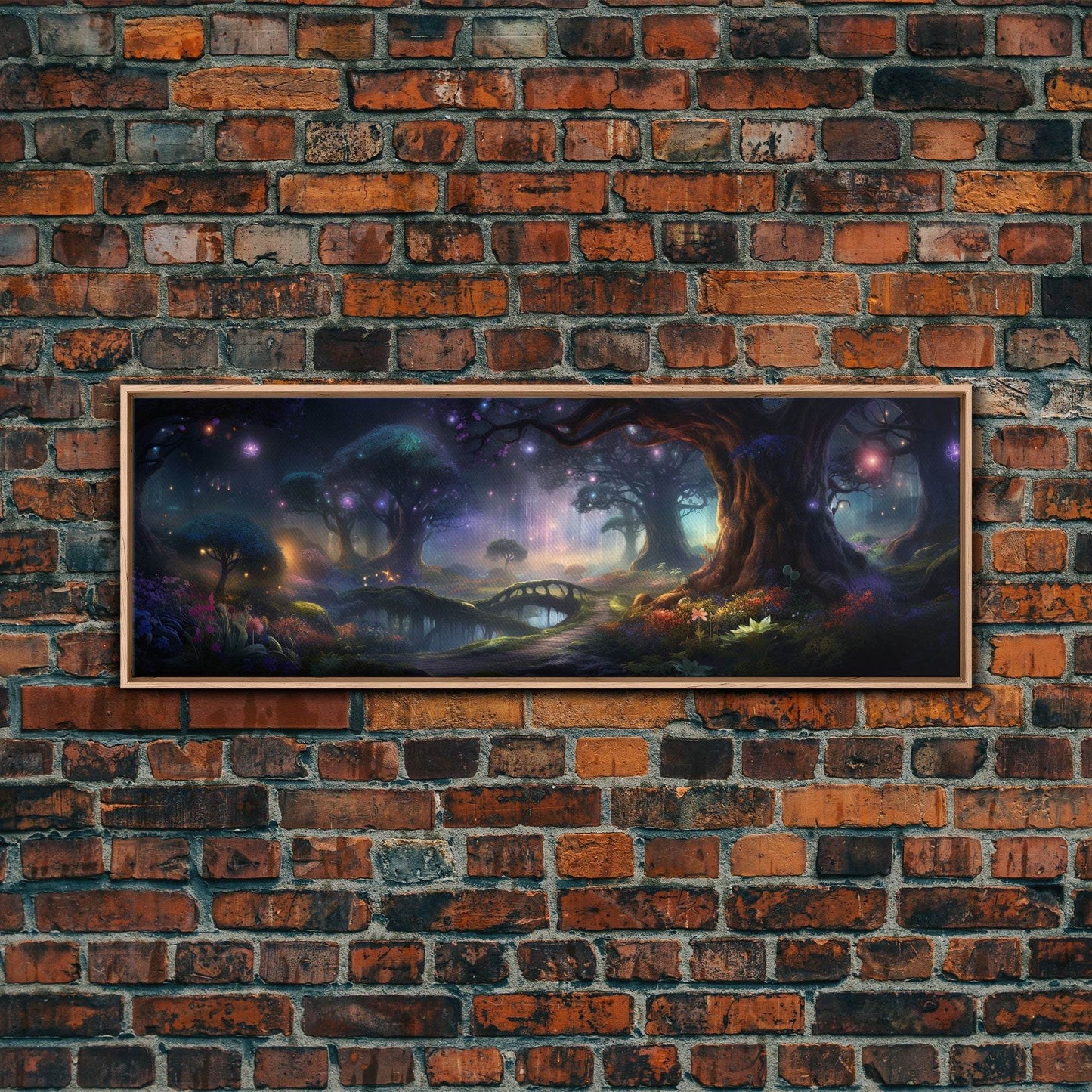 Spiritual Fantasy Forest Wall Art Print, Lanterns and Glowing Trees and Rivers, Fantasy Painting, Living Room Wall Art - 10x30 Inches / Light Oak Frame