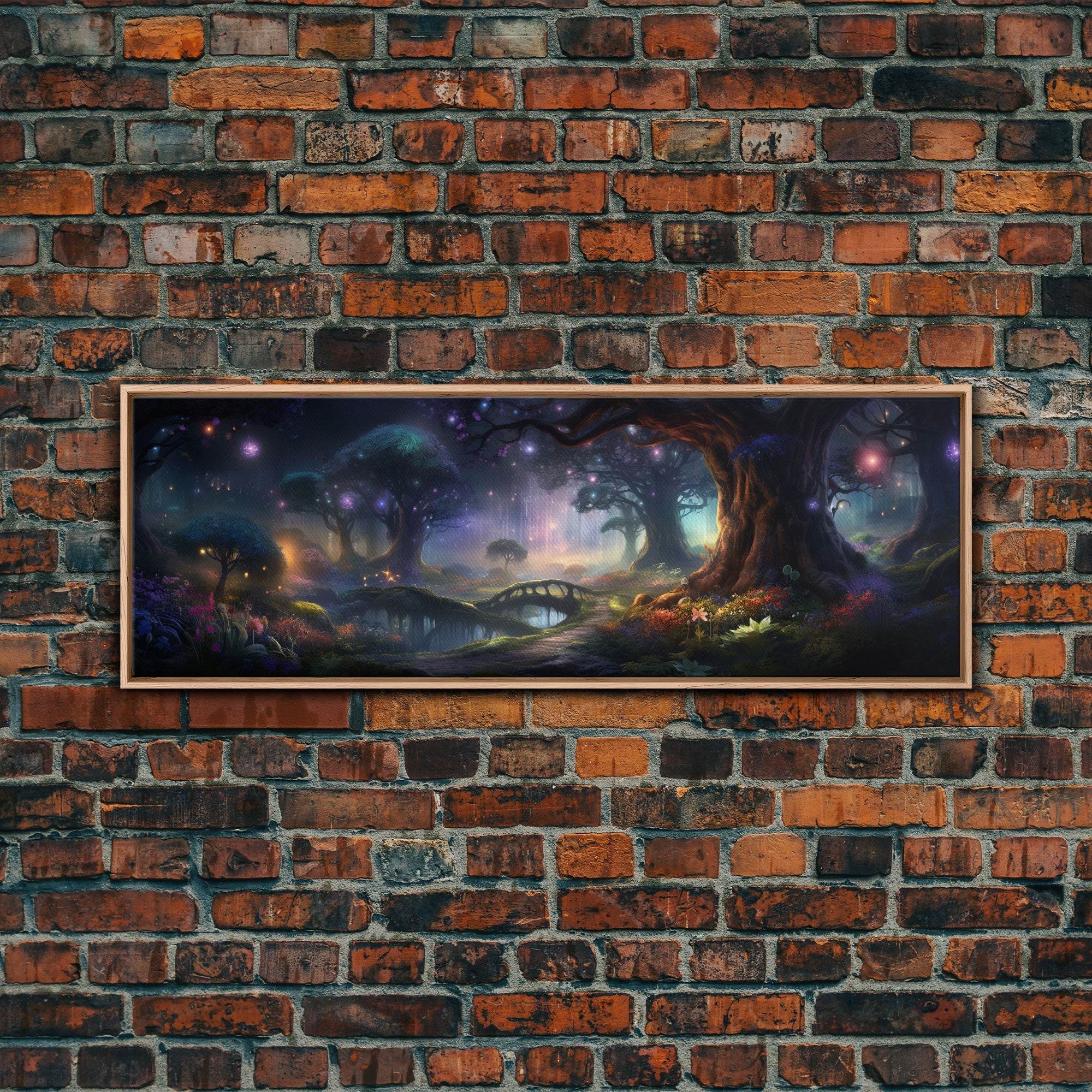 Spiritual Fantasy Forest Wall Art Print, Lanterns and Glowing Trees and Rivers, Fantasy Painting, Living Room Wall Art - 10x30 Inches / Light Oak Frame