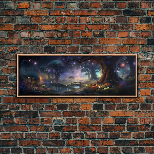 Spiritual Fantasy Forest Wall Art Print, Lanterns and Glowing Trees and Rivers, Fantasy Painting, Living Room Wall Art - 10x30 Inches / Light Oak Frame