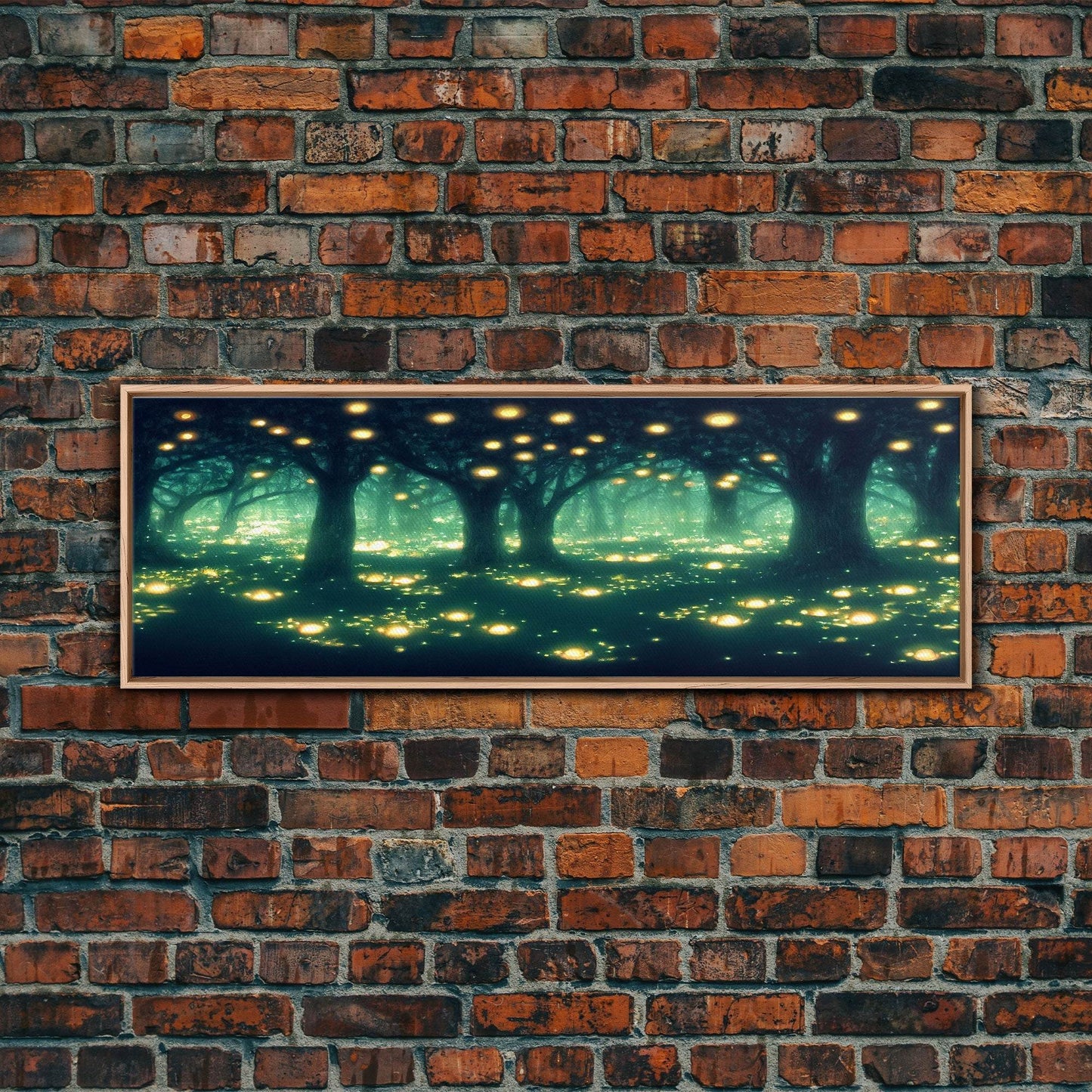 Fantasy Forest At Night With Fireflies, Extra Large Wall Art, Framed Panoramic Canvas Print, Framed Wall Art - 10x30 Inches / Light Oak Frame