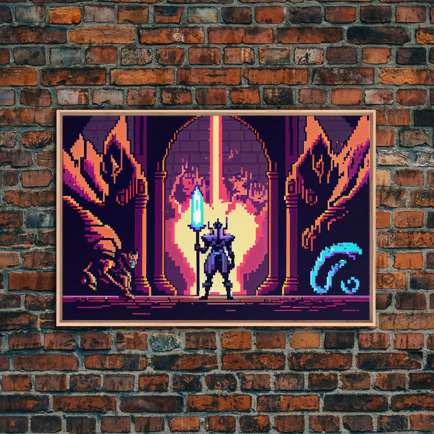 RPG pixel art, fantasy pixel art, Paladin Templar Art, synthwave style, framed canvas print, man cave art - 8x12 Inches / Light Oak Frame