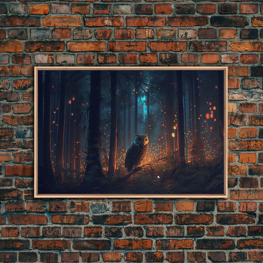 Fantasy forest art, Fireflies and the owl at midnight, framed canvas art, framed canvas print - 8x12 Inches / Light Oak Frame