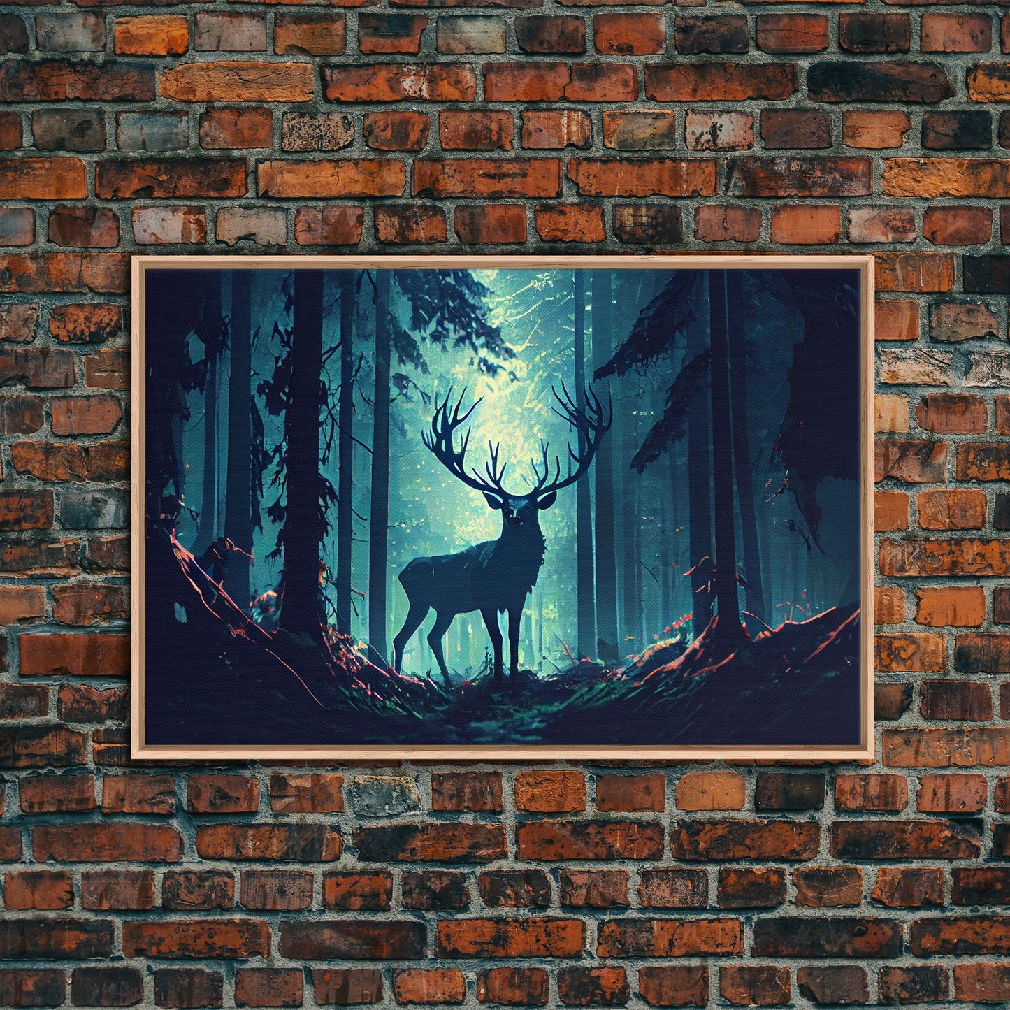 Mythical stag in the forest, fantasy art, framed canvas print, mythical creatures