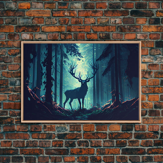Mythical stag in the forest, fantasy art, framed canvas print, mythical creatures