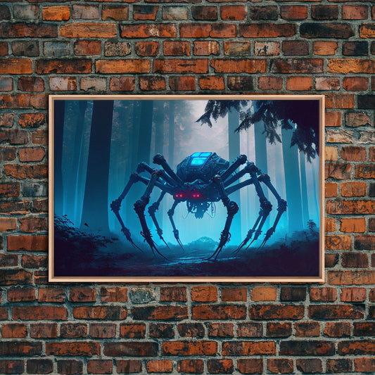 Cyborg Spider, Scifi Fantasy horror art, robot spider on the hunt, framed canvas print - 8x12 Inches / Light Oak Frame