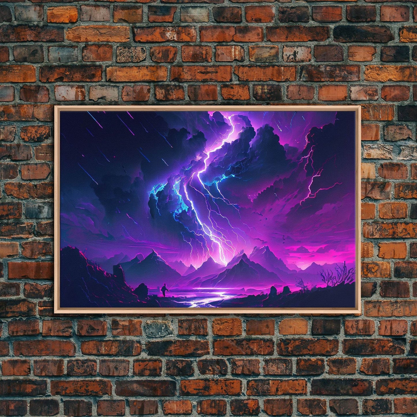 The Lightning Storm, framed canvas print, synthwave style fantasy art - 8x12 Inches / Light Oak Frame