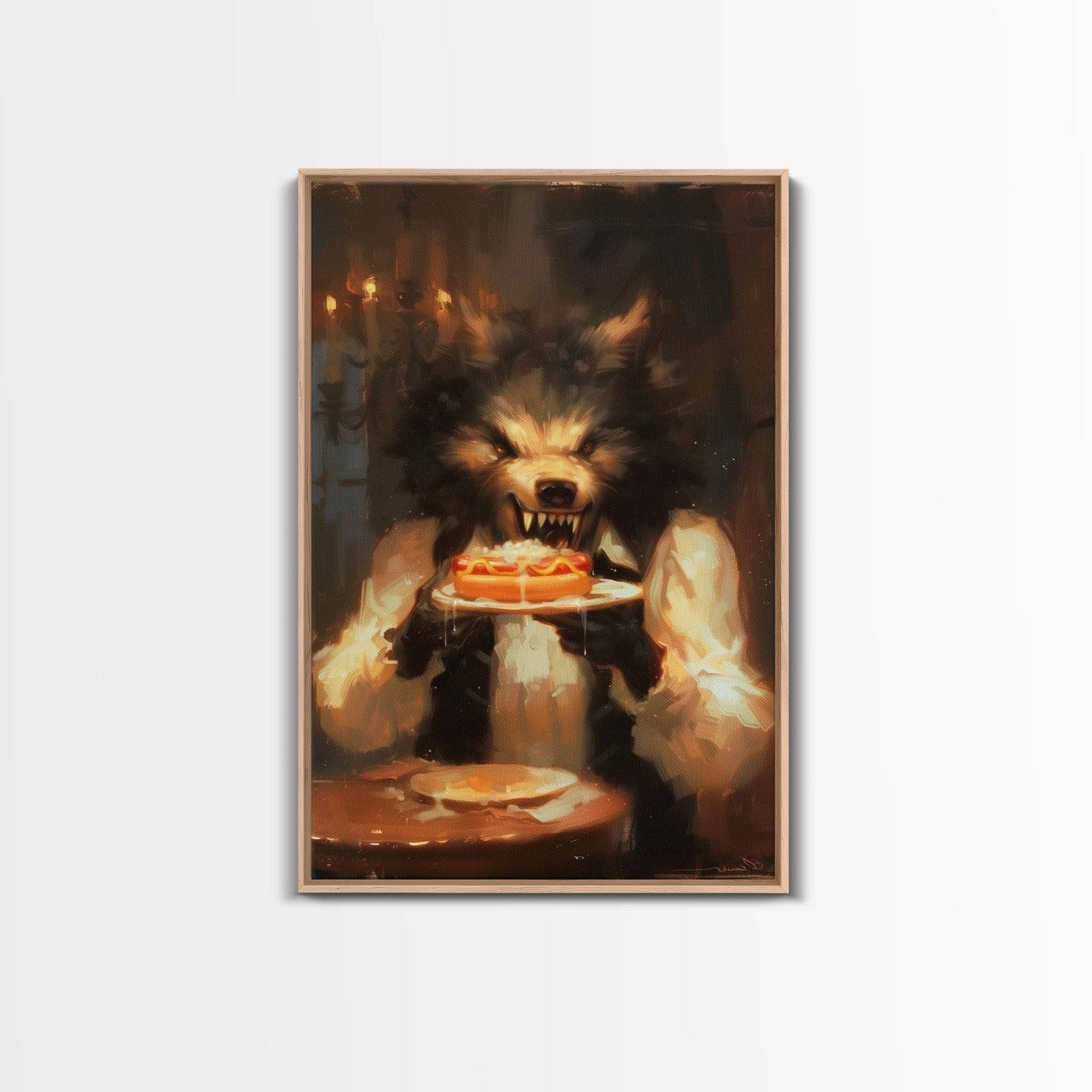 Halloween Werewolf Eating Hotdog, Framed Canvas Print, Wall Art, Spooky Artwork, Fantasy Decor, Halloween Decor, Whimsical Funny Halloween - 8x12 Inches / Light Oak Frame