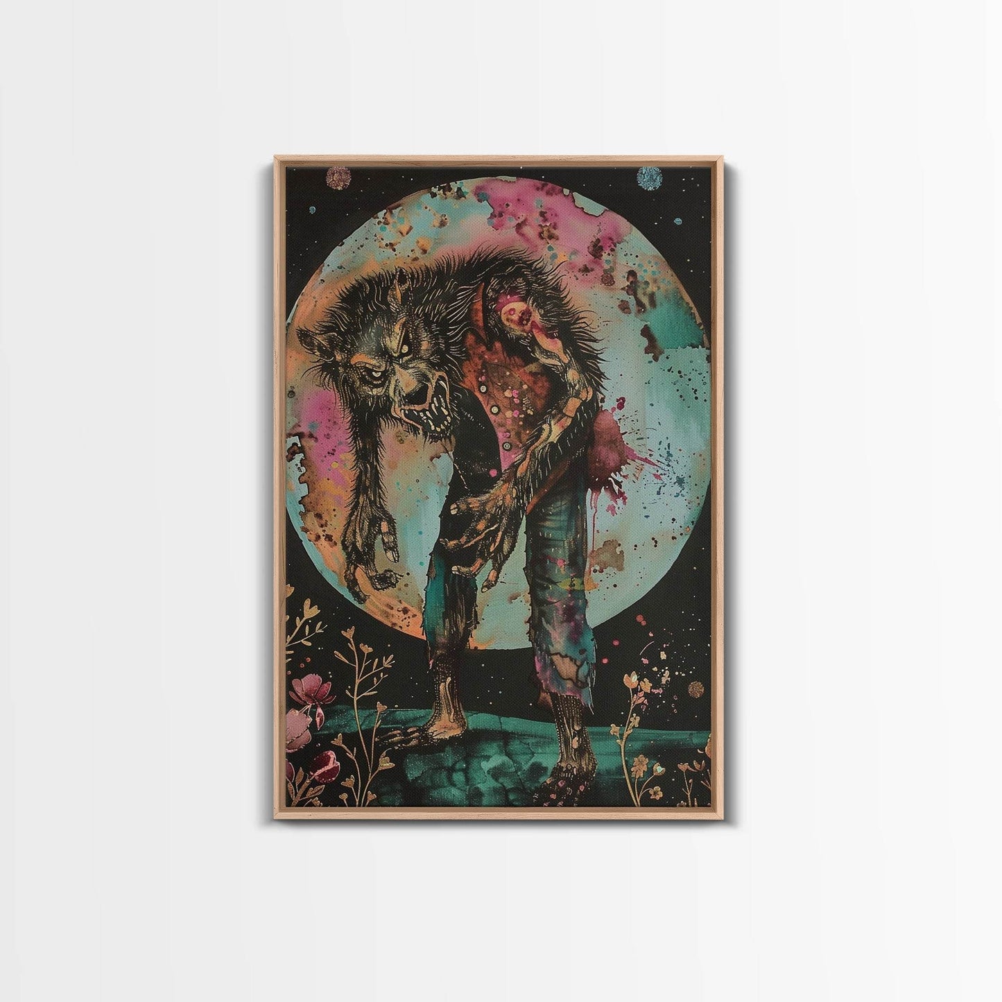 Halloween Werewolf Transformation, Framed Canvas Print, Wall Art, Home Decor, Spooky Artwork, Monster Decor, Halloween Decor, Fantasy Art - 8x12 Inches / Light Oak Frame