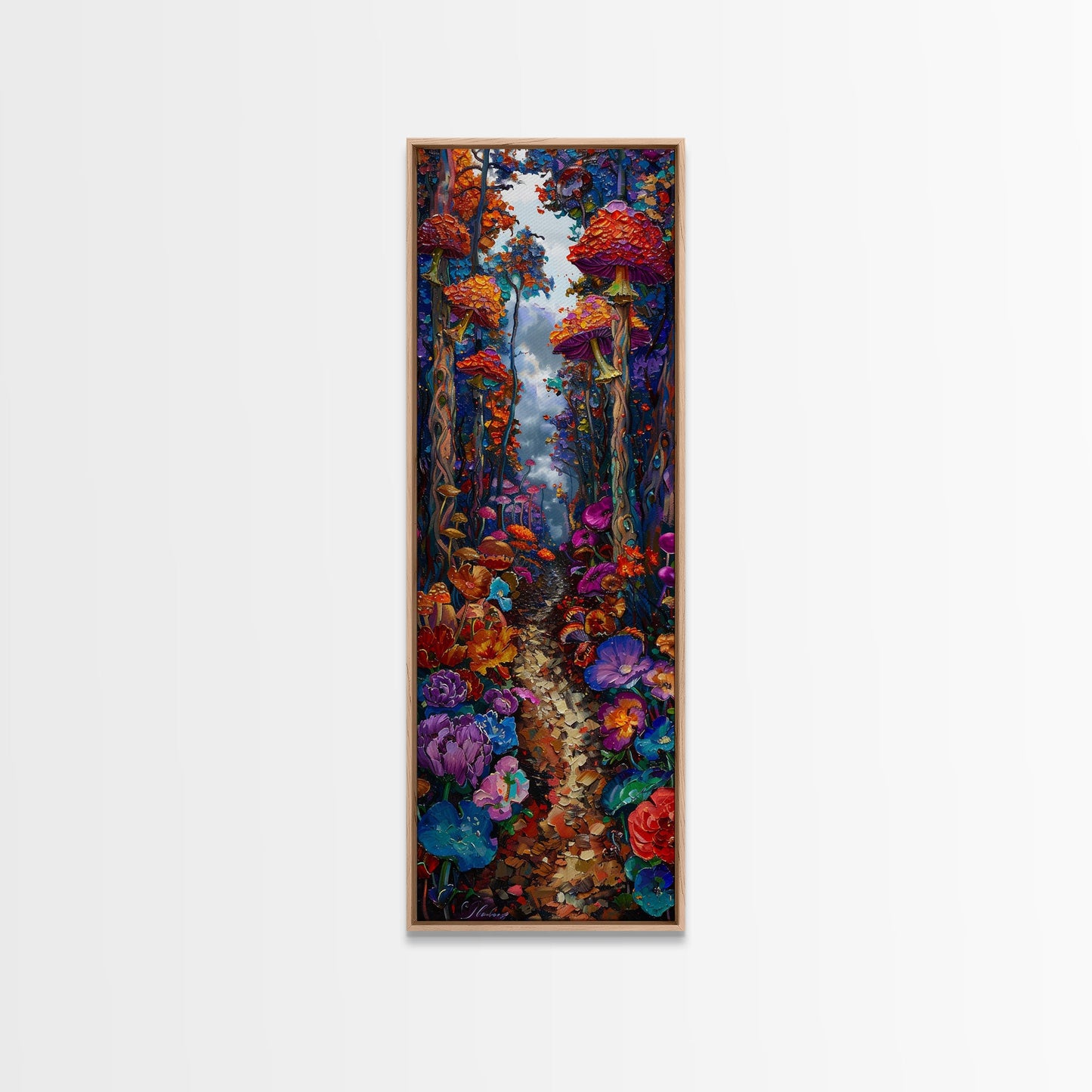 Fantasy Forest Pathway with Giant Mushrooms as Tall Skinny Art Framed Canvas Print for Whimsical Wall Decor in Unique Spaces