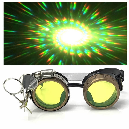 Steampunk Goggles with magnifying loupes UV glow neon green spiral diffraction lenses - 