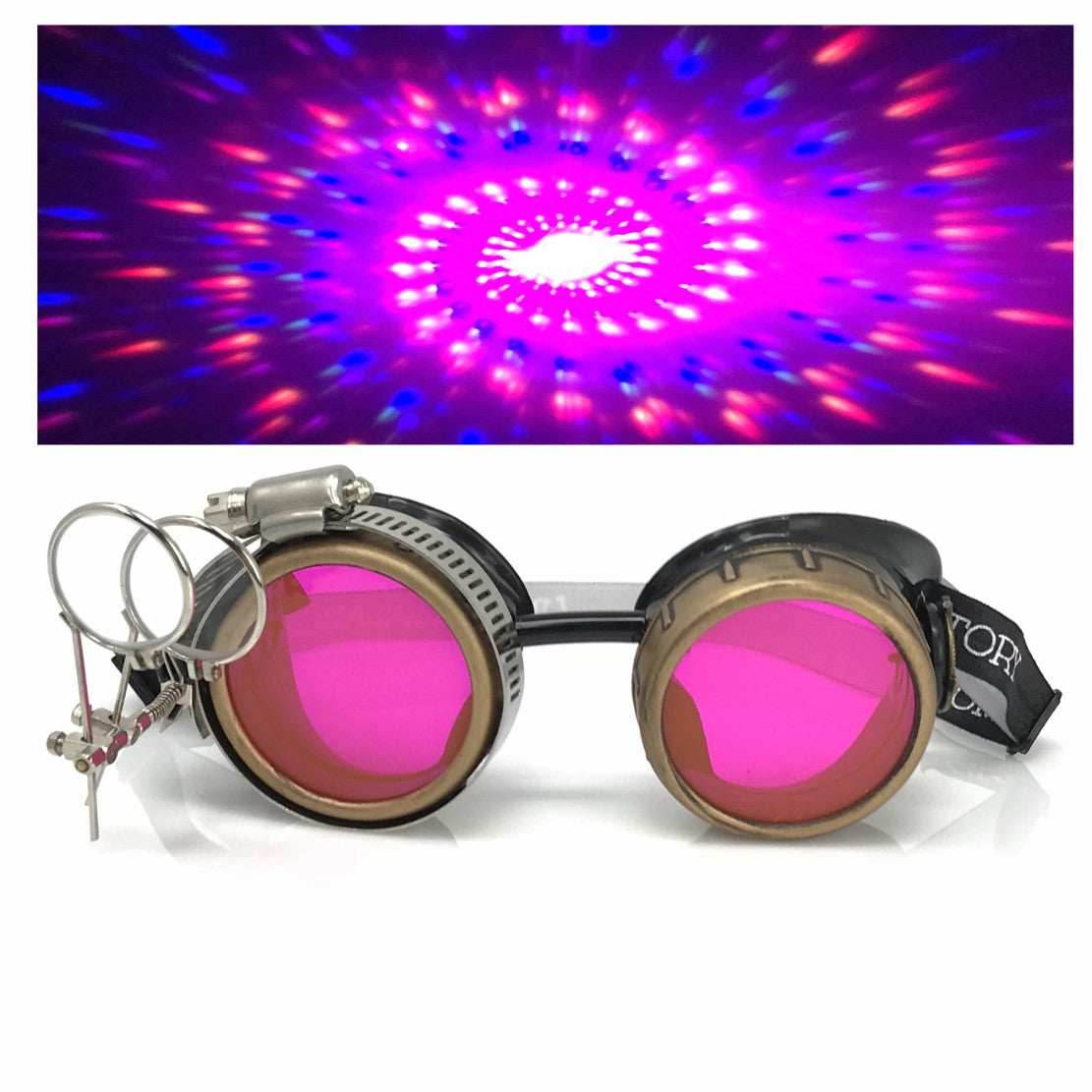 Steampunk Goggles with magnifying loupes UV glow neon pink spiral diffraction lenses - 