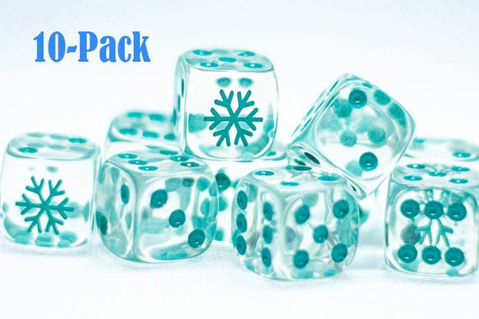 10-Pack Clear w/Teal 16mm d6 Dice Featuring a Snowflake on the '1' side - 