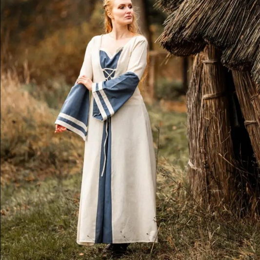 Robe Viking - Manches longues en naturel et bleu avec laçage