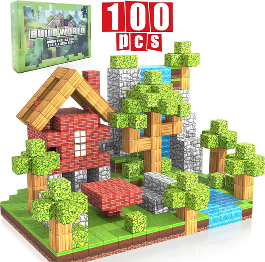 100PCS Magnetic Blocks Toy Build Mine Magnet World Set for Boys Girls STEM Montessori Sensory Cubes for Toddlers Gift