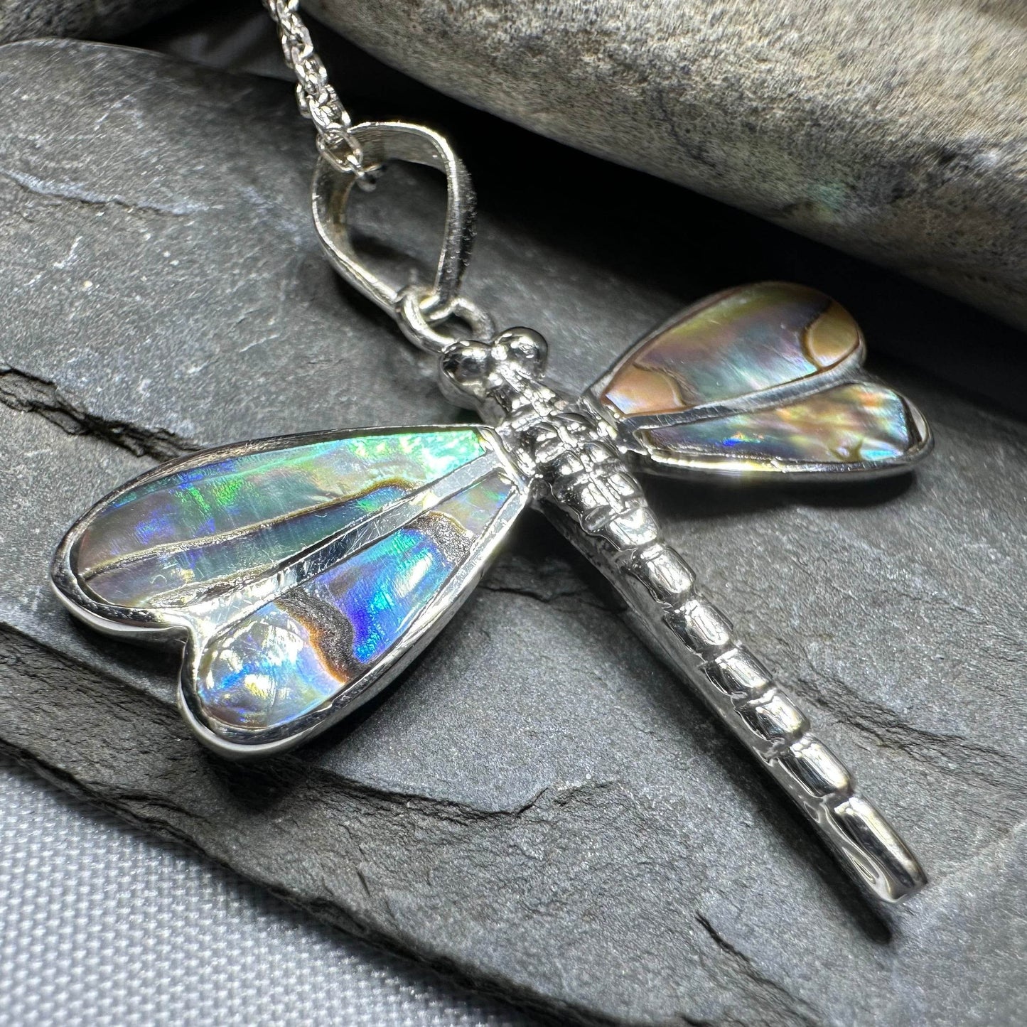 Shimmering Dragonfly Necklace - blue abalone shell