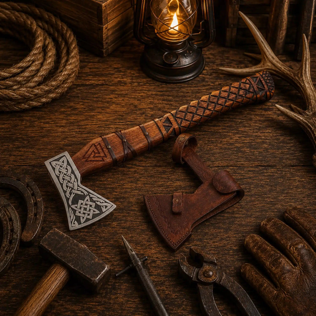 Runic & Celtic Engraved Viking Axe – 1095 Carbon Steel & Ash Wood