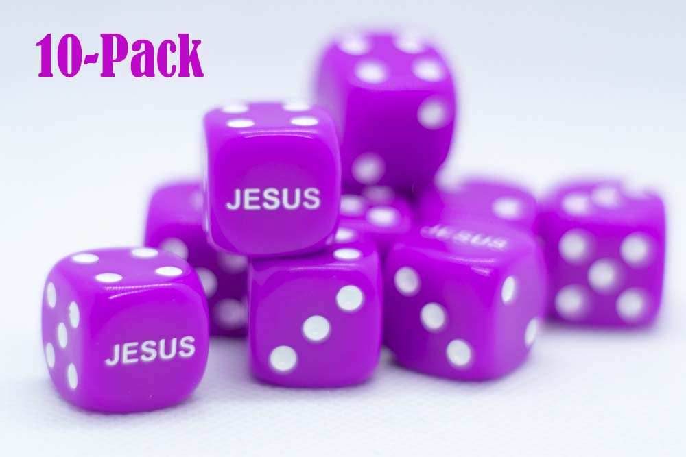 10-Pack Purple 16mm d6 Dice Featuring 'JESUS' on the 6 side - 