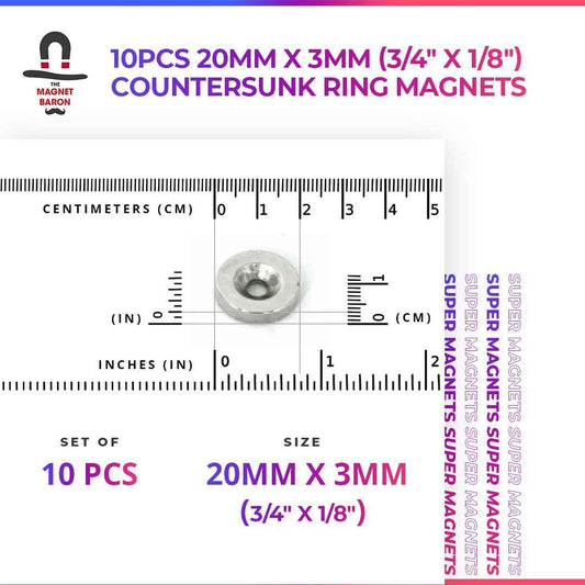 10pcs 20mm x 5mm (Approximately 3/4" x 3/16") Countersunk Ring Magnets