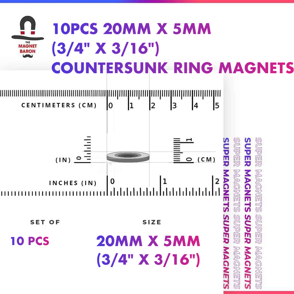 10pcs 20mm x 5mm (Approximately 3/4" x 3/16") Countersunk Ring Magnets
