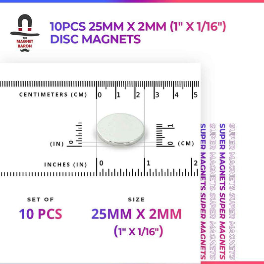 10pcs 25mm x 2mm (Approximately 1" x 1/16") Disc Magnets