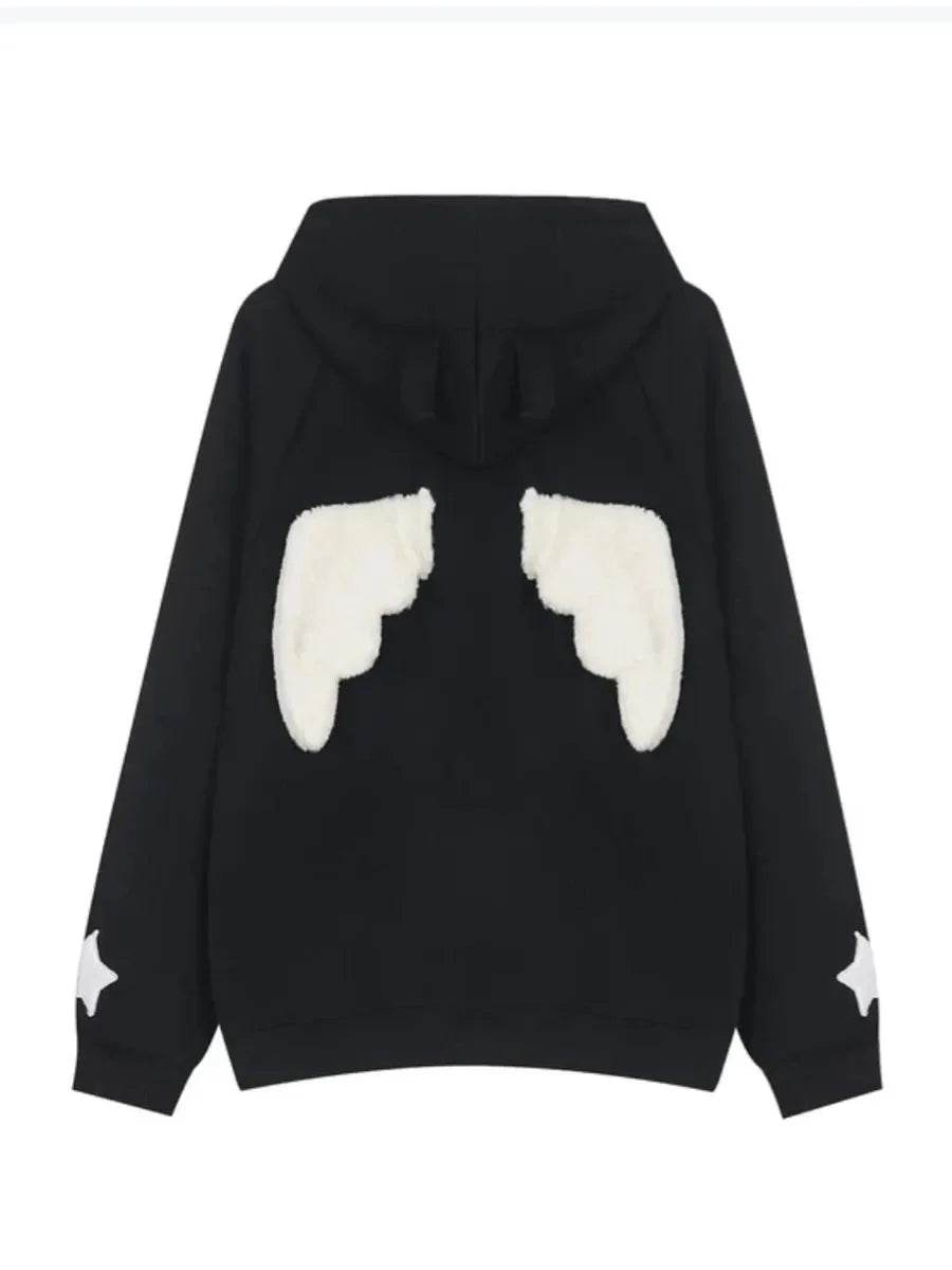 'Angels Here' Streetstyle Kawaii Star Pattern Angel Wings Hoodie - black / m