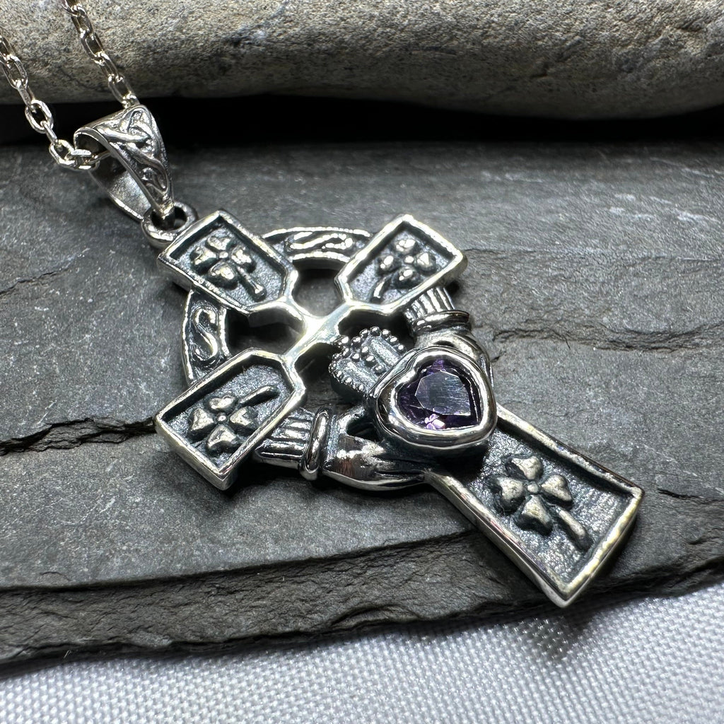 Irish Love Shamrock Claddagh Cross Necklace