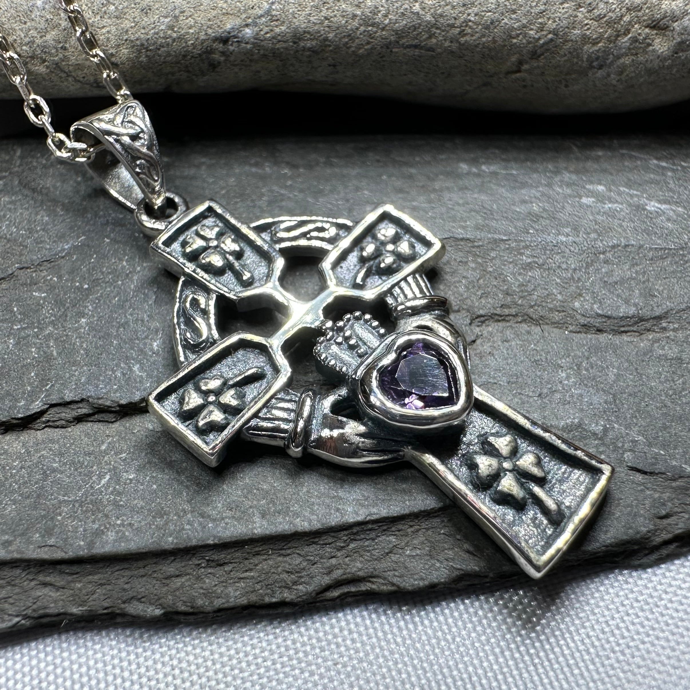 Irish Love Shamrock Claddagh Cross Necklace
