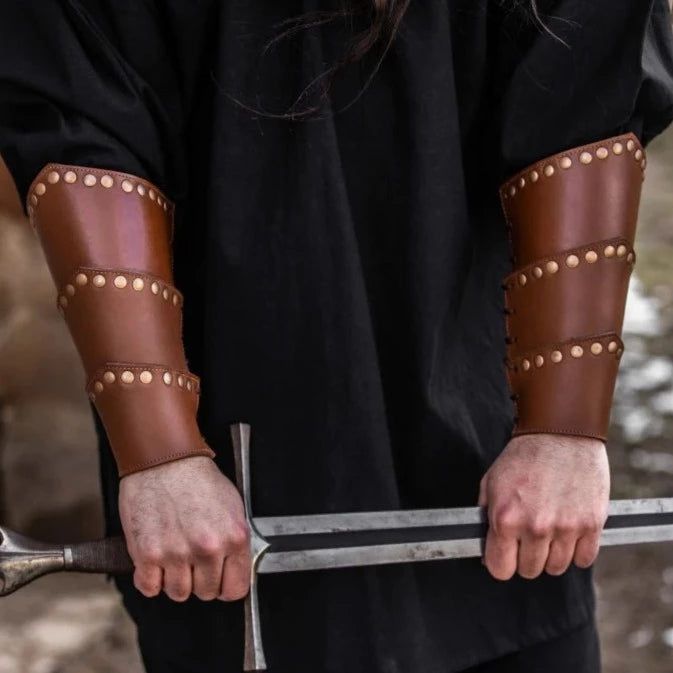 Brown Leather Viking Arm Bracer | Rugged Rivets & Adjustable Straps