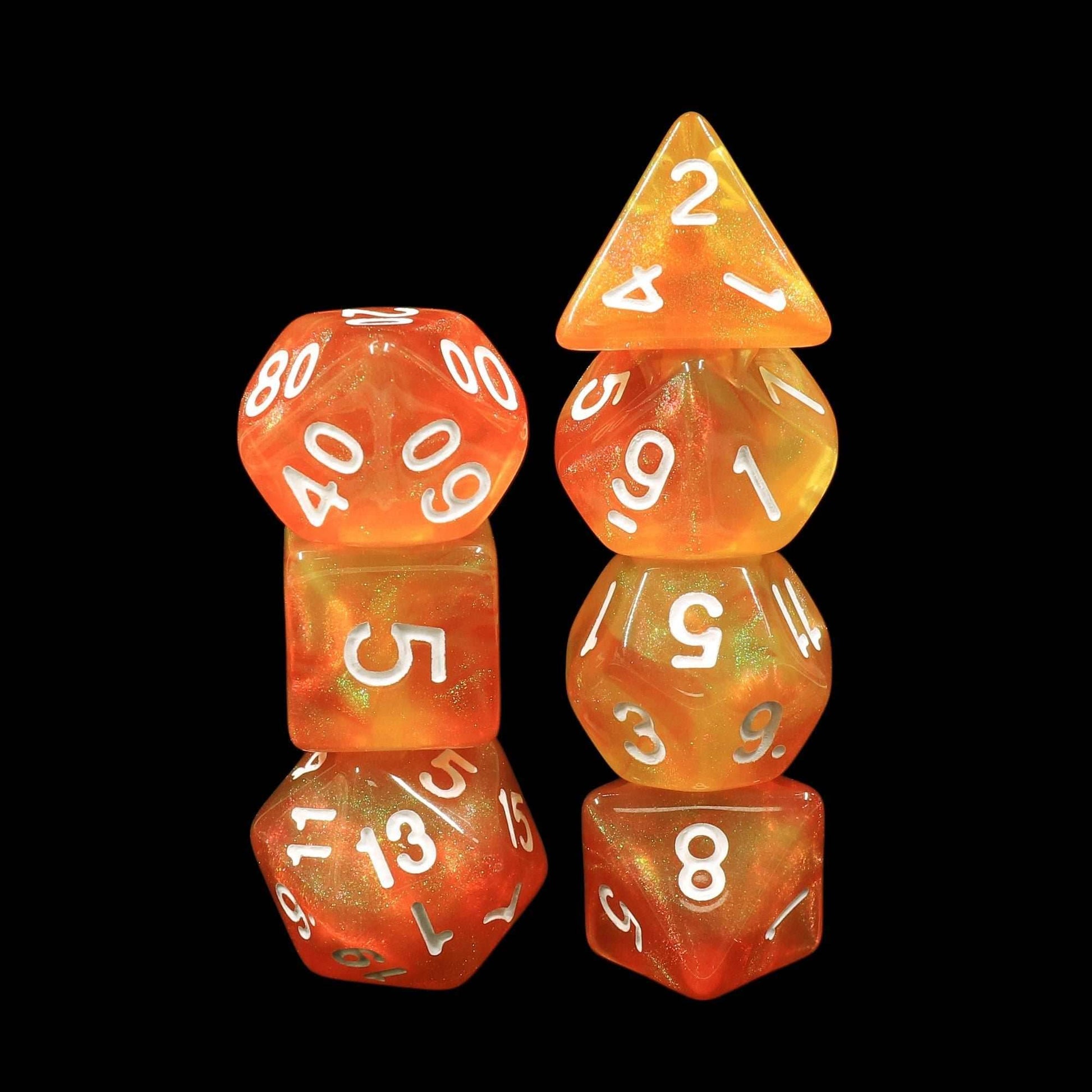 Walking the Sun Orange/Yellow Glitter 7-Dice Set by HendgaDice - 