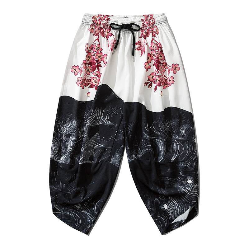 YC135 Pink Flowers Lightweight Pants - White / S