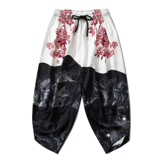 YC135 Pink Flowers Lightweight Pants - White / S