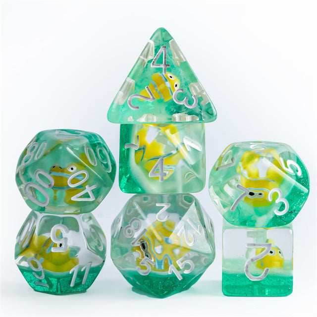 Gold Fish Green 7-Dice Dnd Dice | Glitter w/White Numbers Set - 