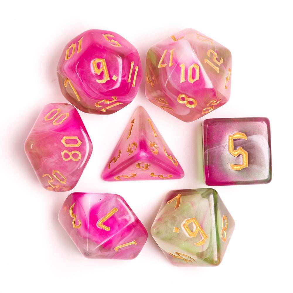 Superbloom 7-Dice Dnd Dice Pink | Green w/Gold Numbers Set - 