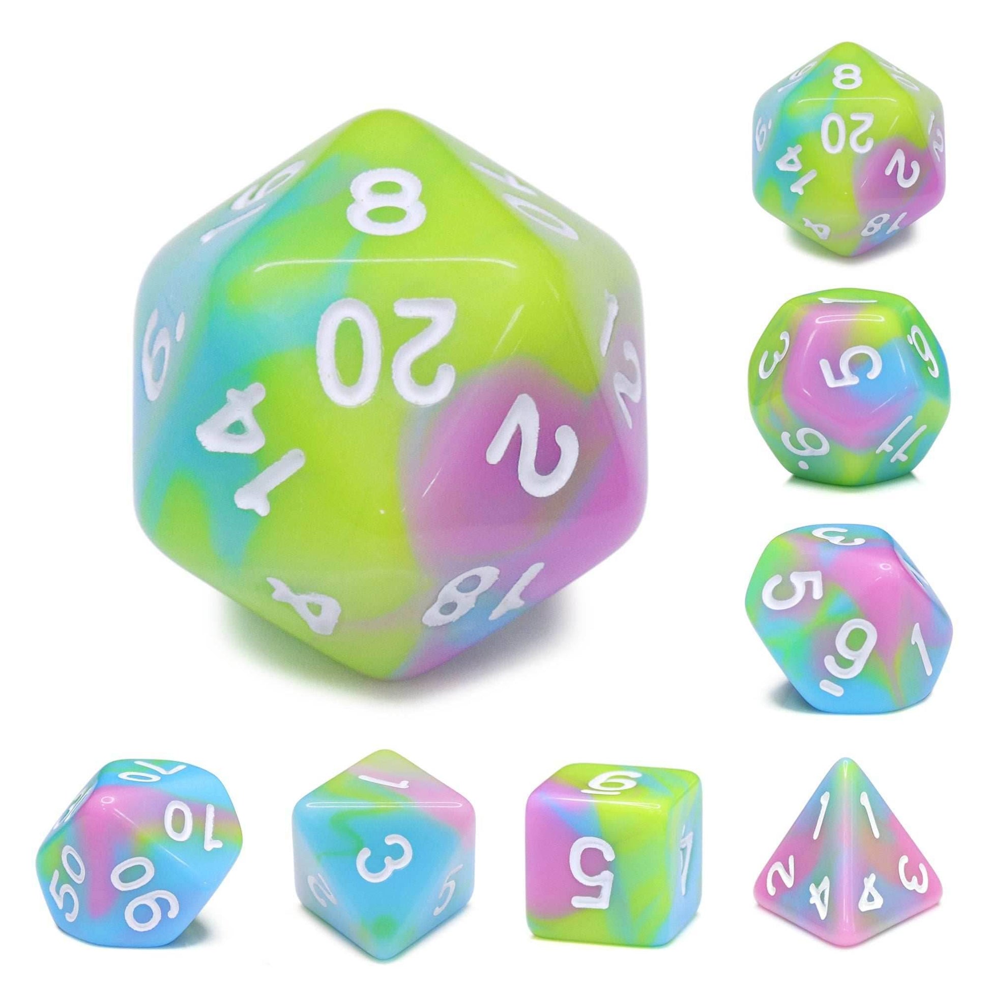 Childhood Pink/Blue/Green/Yellow Blend with White Numbering 7-Dice Set RPG - 