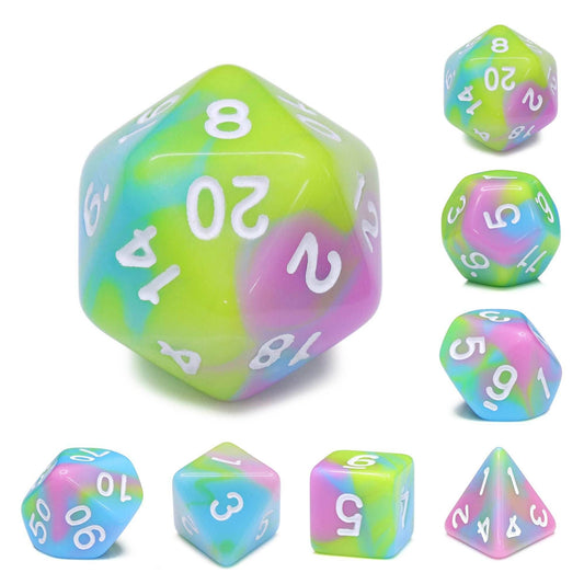 Childhood Pink/Blue/Green/Yellow Blend with White Numbering 7-Dice Set RPG - 