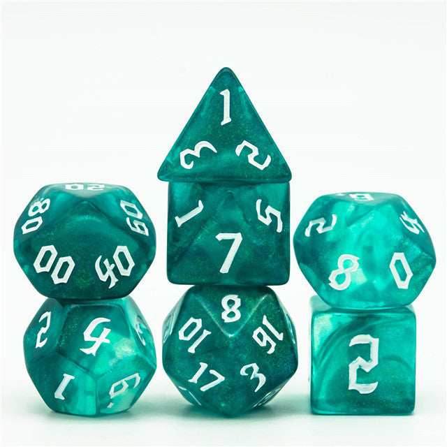 Blue-Green Glitter Party Dice (White font) 7-Dice Set RPG DND - 